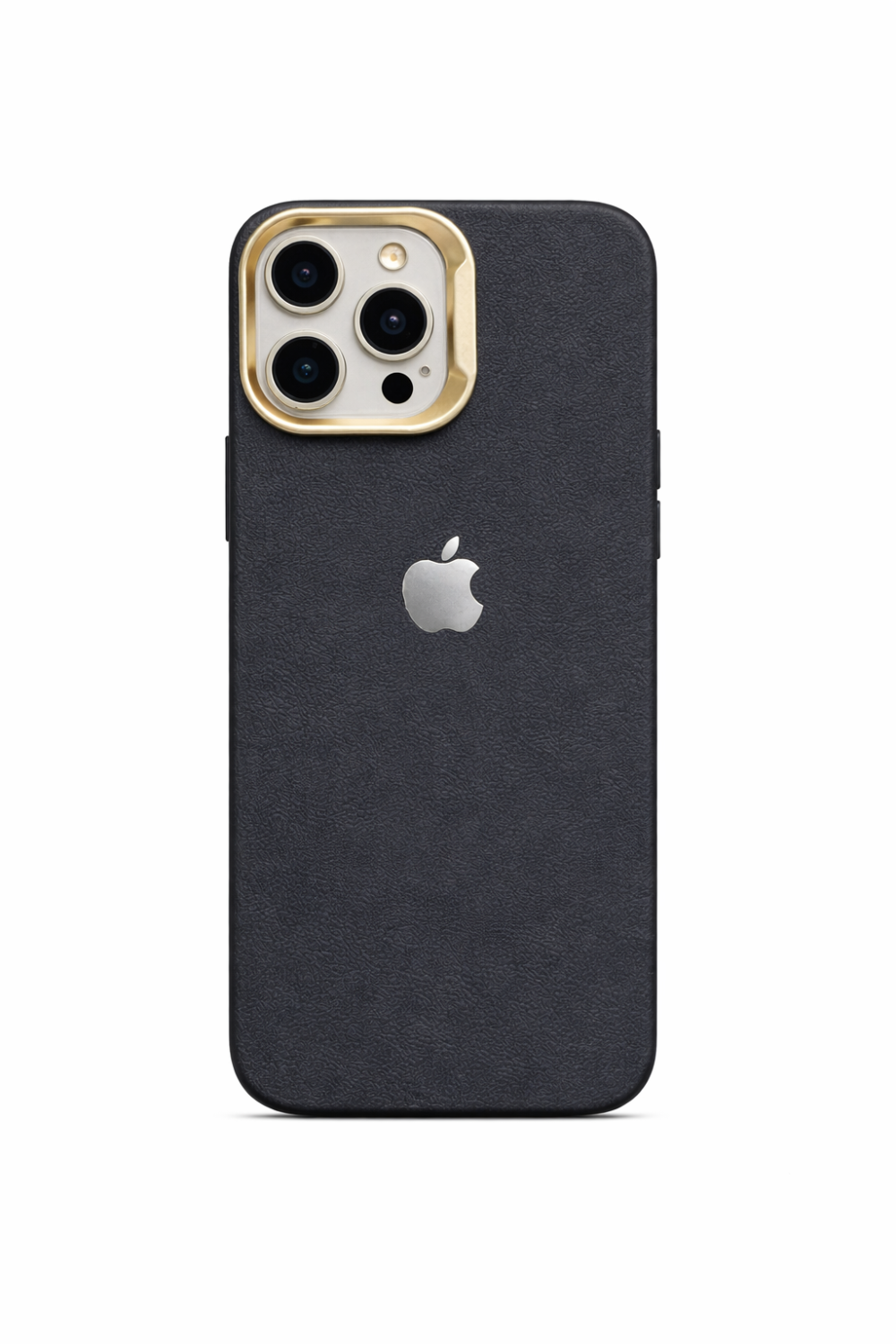 Premium Black PU Leather iPhone Case with Metal Camera Ring.
